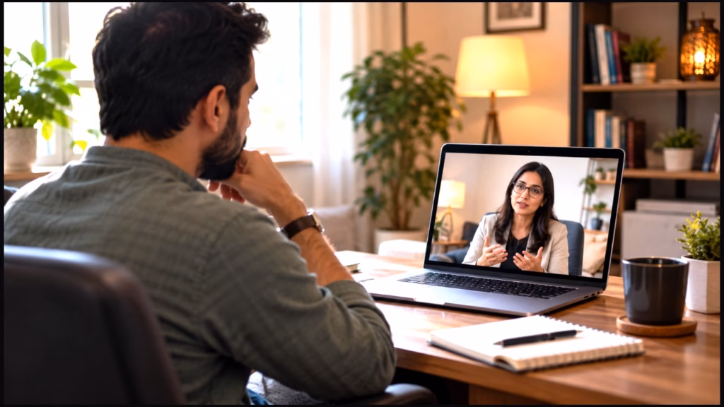 Adult attending an online cognitive behavioral therapy session from home