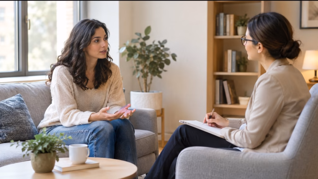 Use a calm, professional illustration of a person thinking or speaking with a therapist.