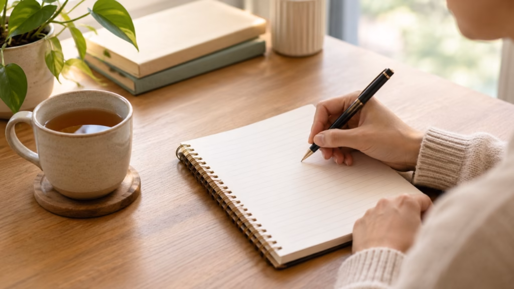 Person writing in a notebook during a cognitive behavioral therapy thought-record exercise