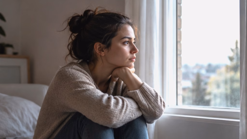 Young woman sitting alone beside a window, looking thoughtful and emotionally withdrawn.