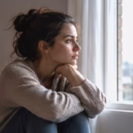 Young woman sitting alone beside a window, looking thoughtful and emotionally withdrawn.