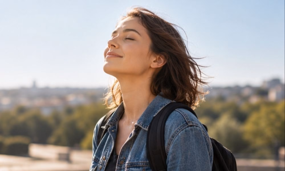 Young woman enjoying a peaceful moment outdoors with her eyes closed.