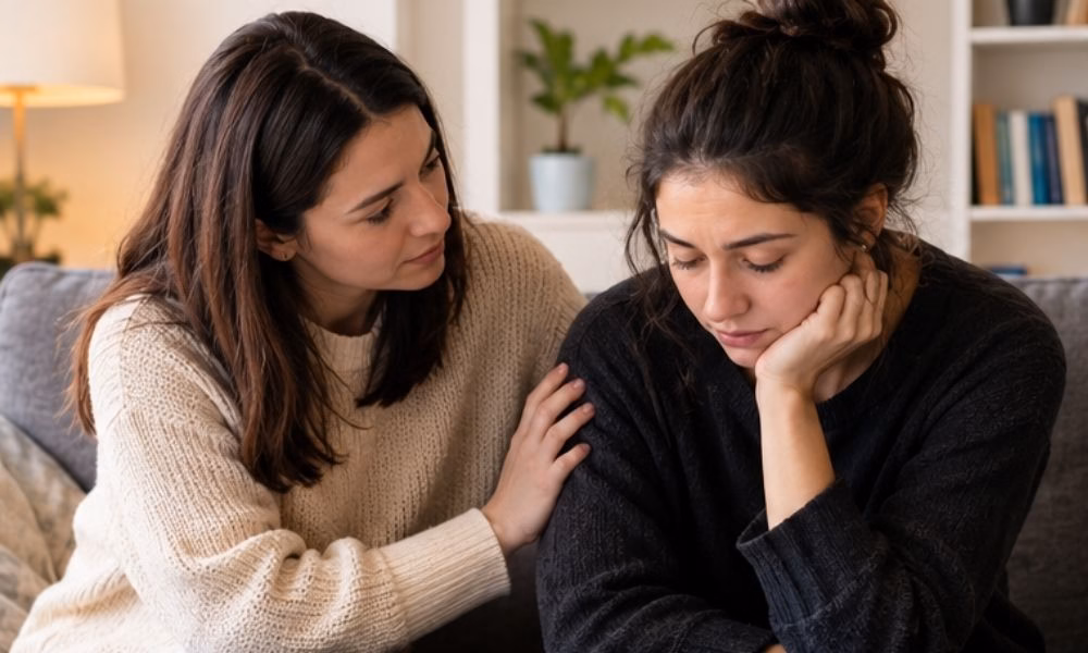 A woman comforting her friend who is experiencing emotional distress