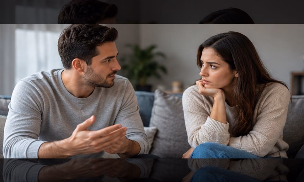 Couple having a serious discussion about their relationship on a sofa