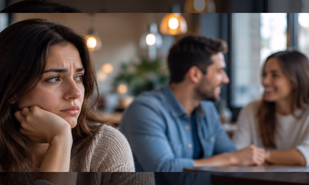 woman looking worried and left out while her partner talks with another person