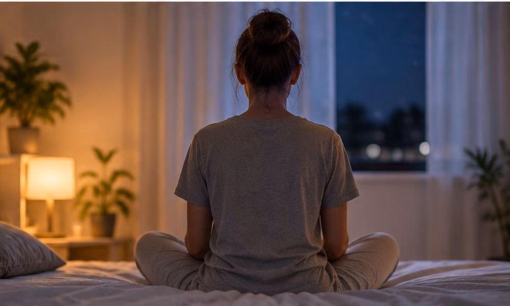 Woman sitting quietly on her bed, practicing relaxation before sleep.