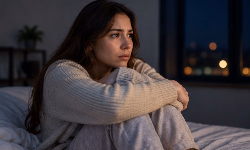 Worried woman sitting on her bed at night, struggling with anxious thoughts.