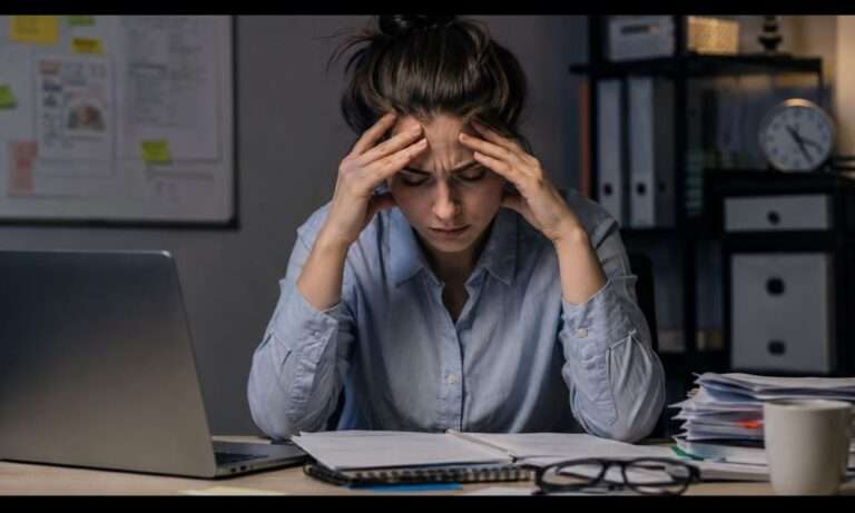 Stressed at the desk during overtime