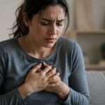 At Woman feeling chest decomfort us to Anxiety Cause Chest Tightness