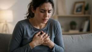 At Woman feeling chest decomfort us to Anxiety Cause Chest Tightness