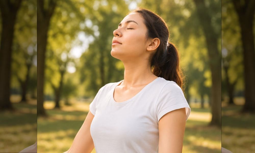 woman practicing calm breathing to reduce anxiety and brain fog