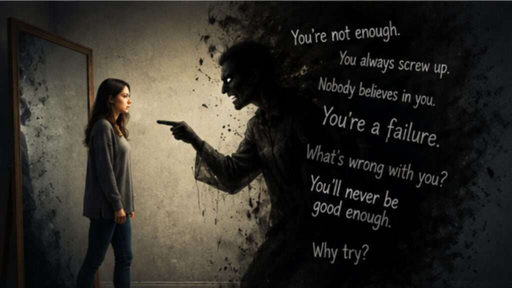 Person facing shadow version of themselves or negative inner voice concept