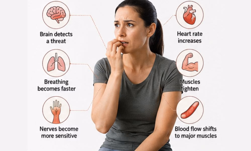 Fight-or-flight response showing how anxiety causes tingling through adrenaline, rapid breathing, and nerve activity