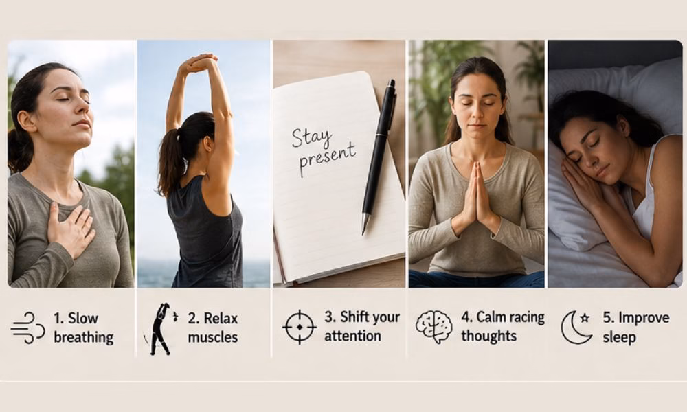 Natural ways to reduce anxiety tingling with deep breathing, grounding techniques, stretching, relaxation, and healthy sleep