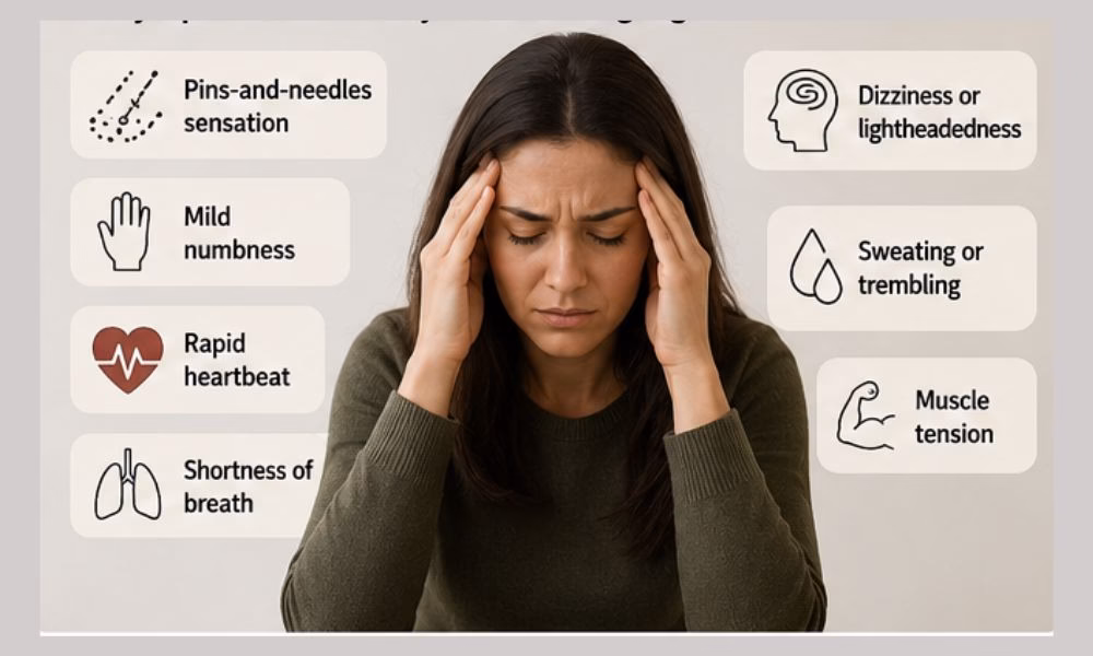 Symptoms of anxiety-related tingling including pins and needles, numbness, dizziness, rapid heartbeat, and muscle tension