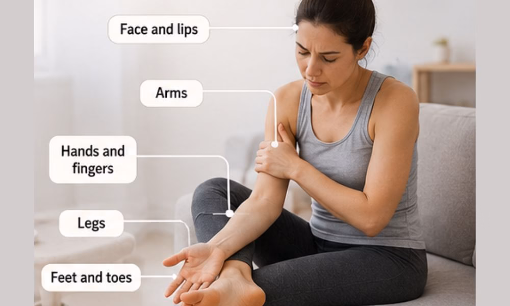 Diagram showing common body areas where anxiety causes tingling, including the hands, feet, face, arms, and legs