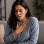 Why does anxiety cause shortness of breath? Person experiencing anxiety-related breathing difficulty at home.