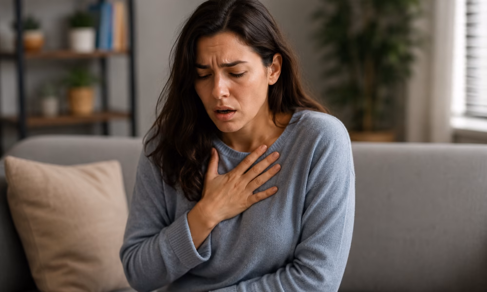 Why does anxiety cause shortness of breath? Person experiencing anxiety-related breathing difficulty at home.