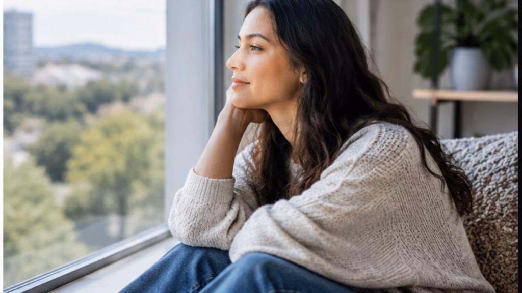 Woman reflecting quietly beside a window