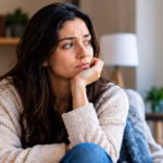 Person sitting after a conversation, looking after thoughtful or worried
