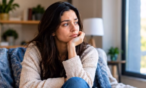 Person sitting after a conversation, looking after thoughtful or worried