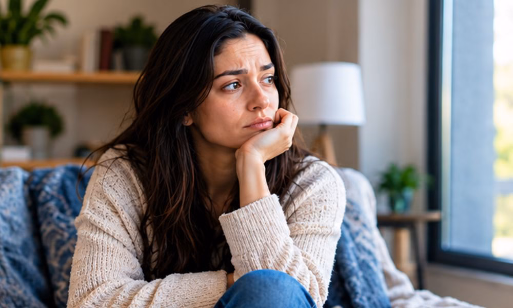 Person sitting after a conversation, looking after thoughtful or worried