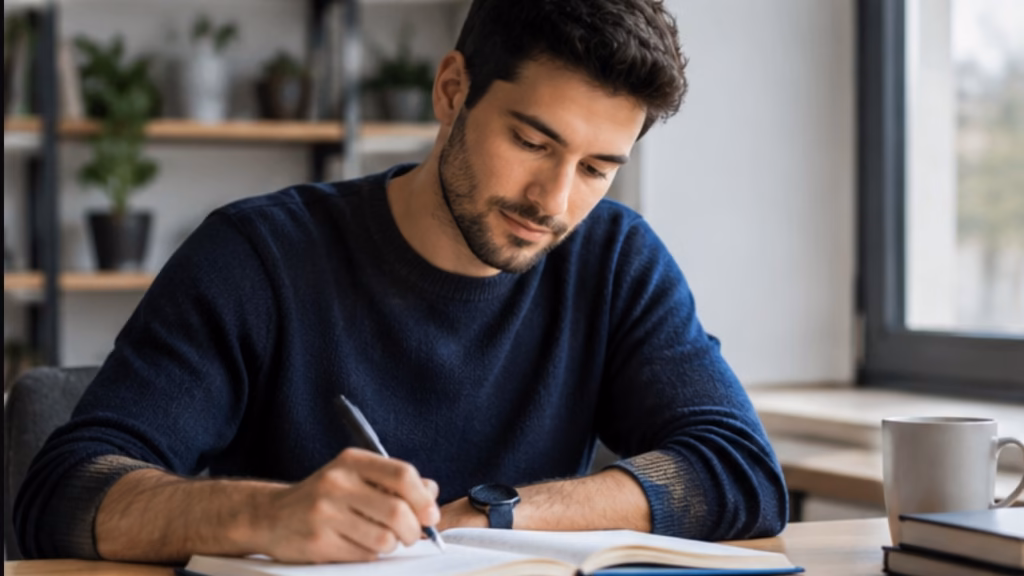 Man writing in a journal at home